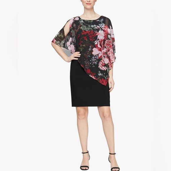 Floral Chiffon Cape Popover Sheath Dress Black Red Pink Overlay Knee Length 18W - Picture 1 of 16